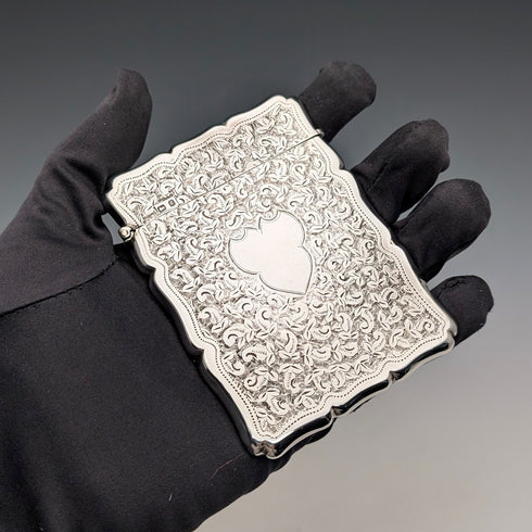 1906 British antique floral engraved sterling silver card case 51g William Atkin